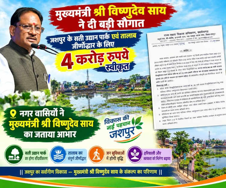 *मुख्यमंत्री विष्णुदेव साय ने पूरी की सती उद्यान पार्क एवं तालाब की जीर्णोद्धार की शहरवासियों की वर्षों पुरानी मांग*