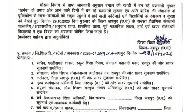 ???? BREAKING NEWS | जशपुर, छत्तीसगढ़  *तूफान अर्नब के असर को देखते हुए जशपुर जिले के स्कूलों में 29 अक्टूबर को अवकाश घोषित, DEO ने जारी किया आदेश*