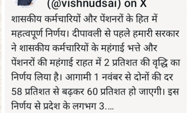 *मुख्यमंत्री विष्णु देव साय का शासकीय कर्मचारियों और पेंशनरों के हित में महत्वपूर्ण निर्णय*  *महंगाई भत्ता एवं महंगाई राहत में 2 प्रतिशत की वृद्धि*