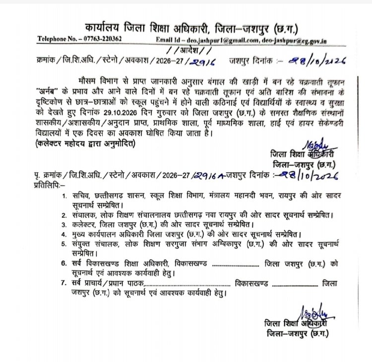 ???? BREAKING NEWS | जशपुर, छत्तीसगढ़  *तूफान अर्नब के असर को देखते हुए जशपुर जिले के स्कूलों में 29 अक्टूबर को अवकाश घोषित, DEO ने जारी किया आदेश*